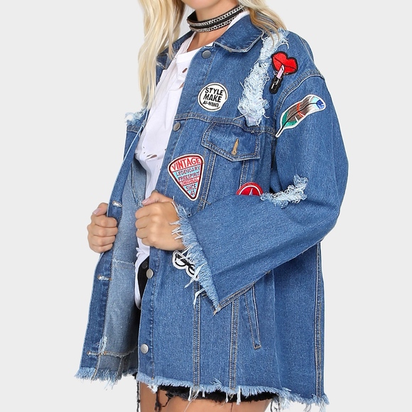 朗 "Rocky" Oversized Patched Denim Jacket - Picture 3 of 7